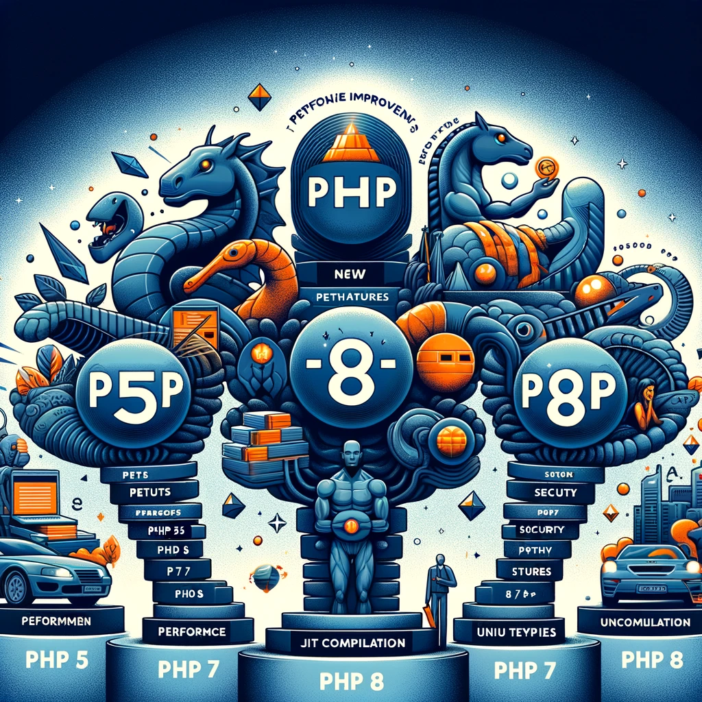 key features and improvements of PHP 5 PHP 7 and PHP 8. The image should include